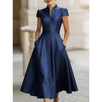 ZANZEA Women Silky Satin Midi Dress V-Neck Short Sleeve Cinch Waist A-Line Dresses Minimalist Commute Party Vestidos de Mujer
