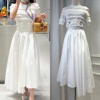 Women White Fashion Set short sleeve knit sweater tops + high waist fashion midi skirt