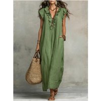 Women Fashion 2026 Summer V Neck Ruffle Loose Maxi Dress Elegant Solid Pocket Casual Sleeveless Holiday Beach Dresses For Women
