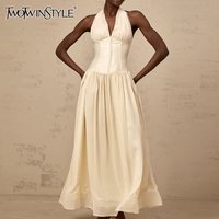 TWOTWINSTYLE Solid Slimming Temperament Dresses for Women Halter Neck Sleeveless Patchwork Folds Tunic Elegant Dress Female New