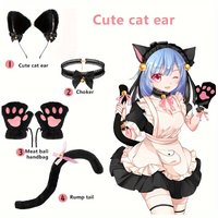 5Pcs Cat Paw Gloves Winter Cute Cartoon Open Finger Bell Headband Fox Cat Ear Headwear Tail Printed Animal Suit Dance Halloween