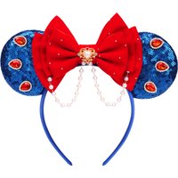 Princess Snow White Ears Headband Red Bow Crystal Pearl Hair Hoop Halloween Party Cosplay Costume Accessories for Women Girls