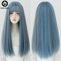 7JHH PERÜCKEN Lange Gerade Perücken Mit Pony Für Frauen Ombre Blau Synthetische Häkeln Haar African American Lieblings Weibliche Volle Perücke