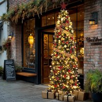 Sapin de Noël artificiel mince et allongé, pré-éclairé – 7,5 pieds, floqué de neige avec des pommes de pin, lumières LED blanc chaud et support métallique pliable pour la décoration intérieure des