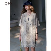 ELFSACK Cute Lace Overlay T-Shirt Dress for Women, Casual Two-Piece Style Tee Dress, Kawaii Loose Summer Midi Dress