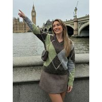 zoci 2026 Spring Sweater For Women Elegant Fashion Diamond Plaid Knitted Pullover Sweater Loose Oversized High Street Lady Tops