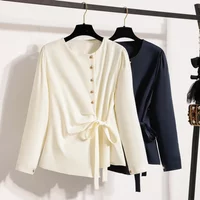 French Style Plus Size Women's Shirt Long Sleeve Button Irregular O-neck Bow Solid Top Spring Elegant Lace-up Casual Blouse