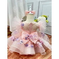 Custom Flower Girl Dress Wedding Gown Birthday Party Pageant Dress Puff Sleeve 3D Floral Embroidered Layered Tulle Princess Dre