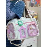 Large Capacity Fitness Travel Bag Crossbody Handbag Youth Nylon Checkered Pattern Soft Square Shape Foldable Daily Use