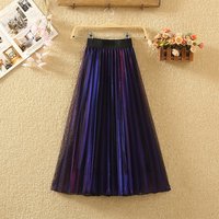 Graduated Color Mesh Half Skirt Women's Spring Summer High Waist Slimming Reflective A-Line Pleated Midi Fairy Skirt