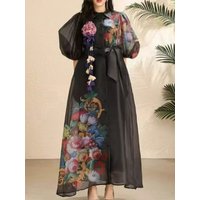 Designer retro printed lapel tie waist organza dress 2026 summer women's fashion fashion shirt dress loose tutu skirt