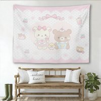 Kawaii R-Rilakkuma Cafe Tapestry, Bear & Friends Wall Art, Pink Heart Pattern Bedroom Decor