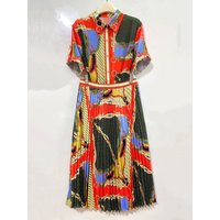 Retro geometric print lapel short sleeved shirt two-piece set for 2026 summer women's clothing+loose pleated skirt fashion set