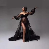 Sexy Maternity Nightgown Cute Polka Dot Mesh Babydoll Dress with Puff Sleeves Thigh Slit & V-Neck Photography Dresses Pregnancy