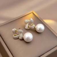 Huitan Cross Knot Design Women Drop Earrings for Engagement Party Luxury Accessories Gold Color Fancy Imitation Pearl Jewelry