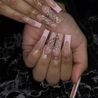 24pcs Long Square French Fake Nails Tips Glitter Pink Tips with Love Diamond Design Press on False Nails Art Detachable Manicure