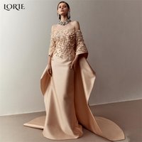LORIE Luxury Lace Champagne Formal Evening Dresses Mermaid Backless Off Shoulder Angel Sleeves Shiny Bohemia Pageant Party Gowns