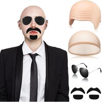 Bald Caps with Glasses and Mustache Bald Head Wig Cap Party Costume Accessories for Women Men Halloween Cosplay Singers Rapper