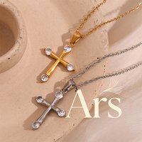 Ars 18k Gold Plated Cross Pendant Necklace with Zircon Stainless Steel Chain Necklace Statement Necklaces Jewelry Gift for Women