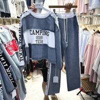Trendy Spring Autumn Women Two-piece Set Denim Splicing Letters Loose Long Sleeve Hoodie Top + Elastic Waist Wide Leg Long Pants