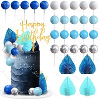 29pcs Blue Cake Toppers Blue Silver Balls Palm Leaves Cake Topper Decor for Baby Shower Wedding Birthday Supplies