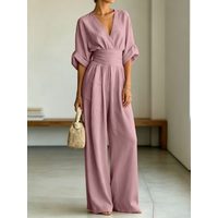Damen-Jumpsuit mit V-Ausschnitt, Fledermausärmeln, weitem Bein, langer Hose, elastischer Taille, plissiert, lässig, Party-Jumpsuit, mehrere Farben