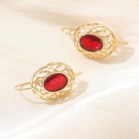 Elegant Oval Ruby Cubic Zircon Drop Earrings For Women Gold Color Aesthetic Hollow Pattern Vintage Court Style Lady Jewelry