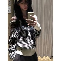 Women's Loose Long Sleeve Striped Knit Sweater One Shoulder Style Comfortable Soft Fabric Early Autumn New Style Versatile Top