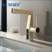 KEMAIDI Brushed Gold Bathroom Faucet with Digital Display Pull-Out 3-Function Sprayer, Single Handle Mixer Tap for Vessel Sink