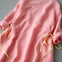 Women's Linen Dress with Literary Vintage V-neck Nine-point Sleeve Waist-hugging Slimming Pink Long Skirt