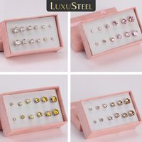 LUXUSTEEL 3-8mm 6Pairs Stainless Steel Clear Cubic Zirconia Stud Earrings Women Men Stone CZ Crystal Earring Sets Jewelry Gift