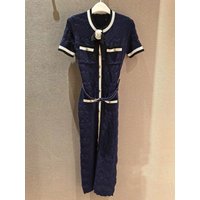 High-End Knitted Long Dress with Belt Short Sleeve Knot Color Block French Style Women's City Commute A-Line Dress