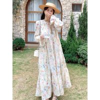 Romantic Loose V-Neck Long Sleeve A-Line Dress Korean Style Super Beautiful Gentle Floral Skirt Large Swing Long Dress