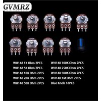 18PCS WH148 1K 2K 5K 10K 20K 50K 100K 500K 1M with single-gang potentiometer kit with Blue knob 1K-1M