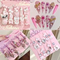 High Quality Luxury Handmade Long Stiletto Press On Nail Flash Colorful Rhinestone Flower Bowknot Pearl Starfish Shell Fake Nail