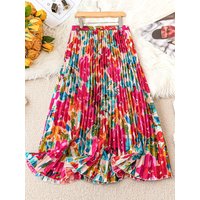 Spring Summer Women's Elegant Floral Print Long Skirts Casual High Waist Party Slim A-line Pleated Skirt