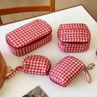 New Red Plaid Cosmetic Bag, Large Capacity Portable Travel Toiletry Bag, Women Handheld Makeup Storage Pouch