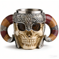 450ml/15oz Viking Skull Beer Mug, 3D Ram Horn Warrior Tankard, Resin Coffee Cup with Stainless Steel Liner, Gothic Drinking Cup