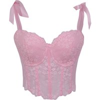 Pink Coquette Corset Top, Semi-Sheer Mesh Bustier with Satin Bow Tie Shoulders, Boned Lace-Up Back Waist Cincher