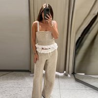 Solid Color Textured Lace Trim Two Piece Set For Women Square Neck Camisole Ruffle Hem High Waist Wide Leg Pants Street Outfit