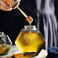 220ML/380ML Hexagonal Glass Honey Bottle with Wooden Stirring Rod Honey Packaging Bottle Small Honey Bottle Container Honey Jar