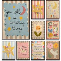 1pc frameless Retro Trendy Unicorn Butterflies and Flowers Floral Affirmation Poster Canvas Paintings Wall Art Pictures Home Nur