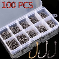 100PCS/Box Fishing Hooks Set Saltwater Fresh Water High Carbon Steel Carp Fishhook with Fishing Tackle Box Fishing Accessories