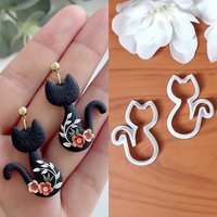 2Pcs Elegant Cat & Flower Clay Cutters Kitten Polymer Clay Molds for Summer/Graduation Earrings, Soft Pottery Tools