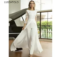 Elegant Jumpsuits Women Perspective Long Sleeve Lace White Lady Straight High Waist Spring Fake 2 Pieces Jumpsuit Lugentolo