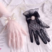 Black White Mesh Bowknot Lace Gloves Women Lolita Cosplay Party Costume Etiquette Mittens Accessory