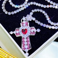 Sterling 925 Silver Cross Necklace for Women with Dazzling CZ Stone Luxury Pink Color Cool Neck Accessories Party Trendy Jewelry