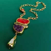 Y·YING Red Coral Amethyst Druzy White Quartz Biwa Pearl Pendant Gold Plated Chain Necklace