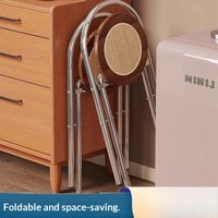 Vintage Folding Rattan Dining Stool Portable Space Saving Wooden Bar Stool Kitchen Counter Seat Small Apartment Balcony Chair