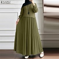 ZANZEA Women Modest Plisse Maxi Dress O-Neck Long Sleeve Patchwork Loose Abaya Robes Muslim Islamic Hijabis Ramadan Eid Kaftan
